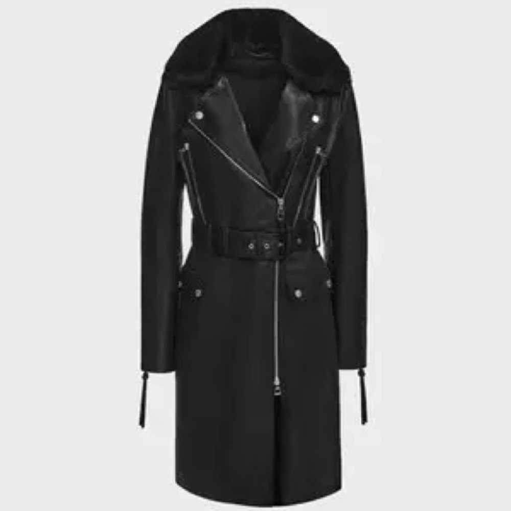 RUDSAK Black Leather Trench with Shearling Collar and Belt
